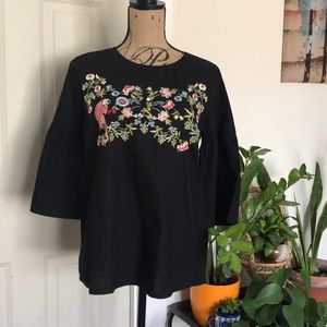 Ann Taylor LOFT black embroidered parrot blouse